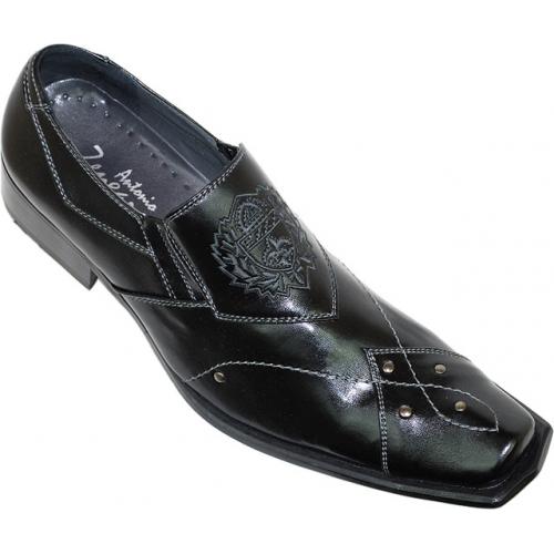 Antonio Zengara Black Embroidered Hexagonal Toe Leather Shoes A401051